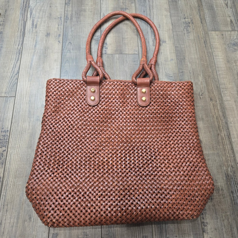 Abro Brown Woven Leather Tote Bag Braided Handle Large Shoulder Bag Coastal Boho
